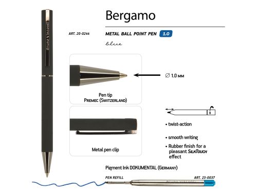 Ручка Bergamo шариковая автоматическая, черный металлический корпус, 1.0 мм, синяя